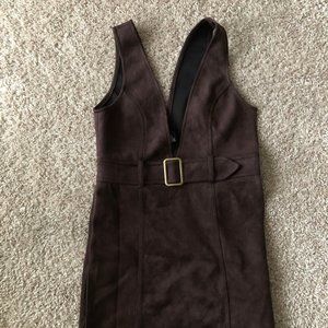 Suede Brown V Neck Mini Dress